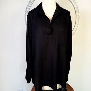 Pleione Anthropologie Top Womens M Black Tunic Long Flip Cuff Collar V Neck NWT